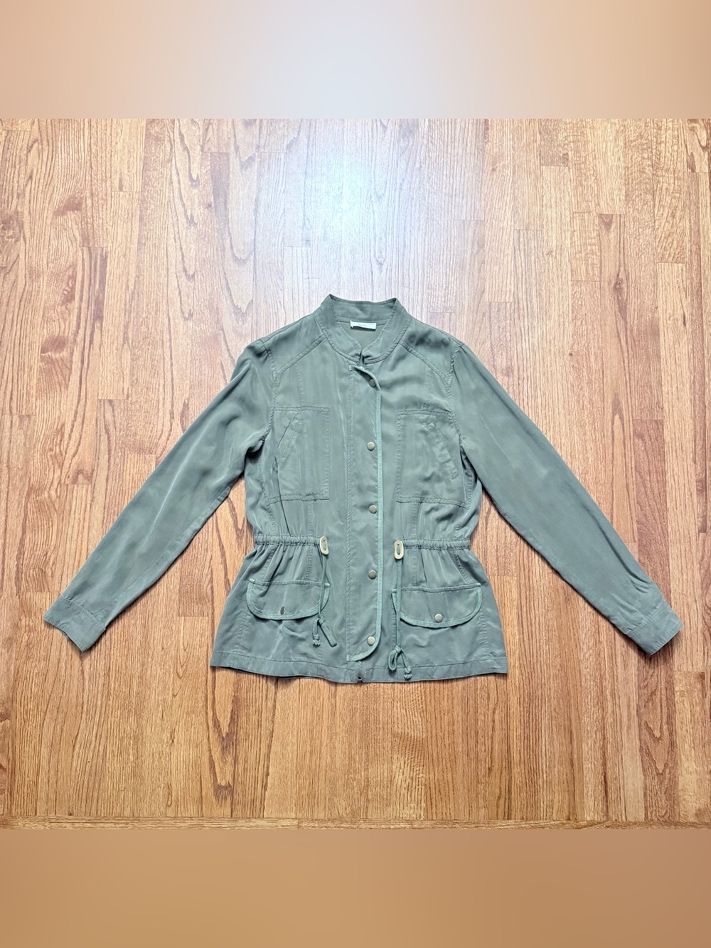 Flair Lightweight Tencel Utility Jacket with Drawstring Waist in Olive  size L